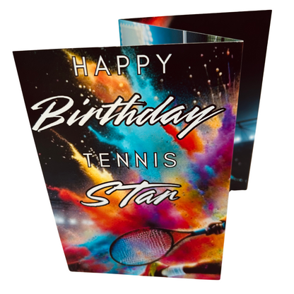 Trifold Male Tennis Birthday Card from the Push the Limit Range. Image shows the folded card depicting front with tennis racket at the bottom and a background of colouful paint splatters. The caption reads 'Happy Birthday Tennis Star'.
