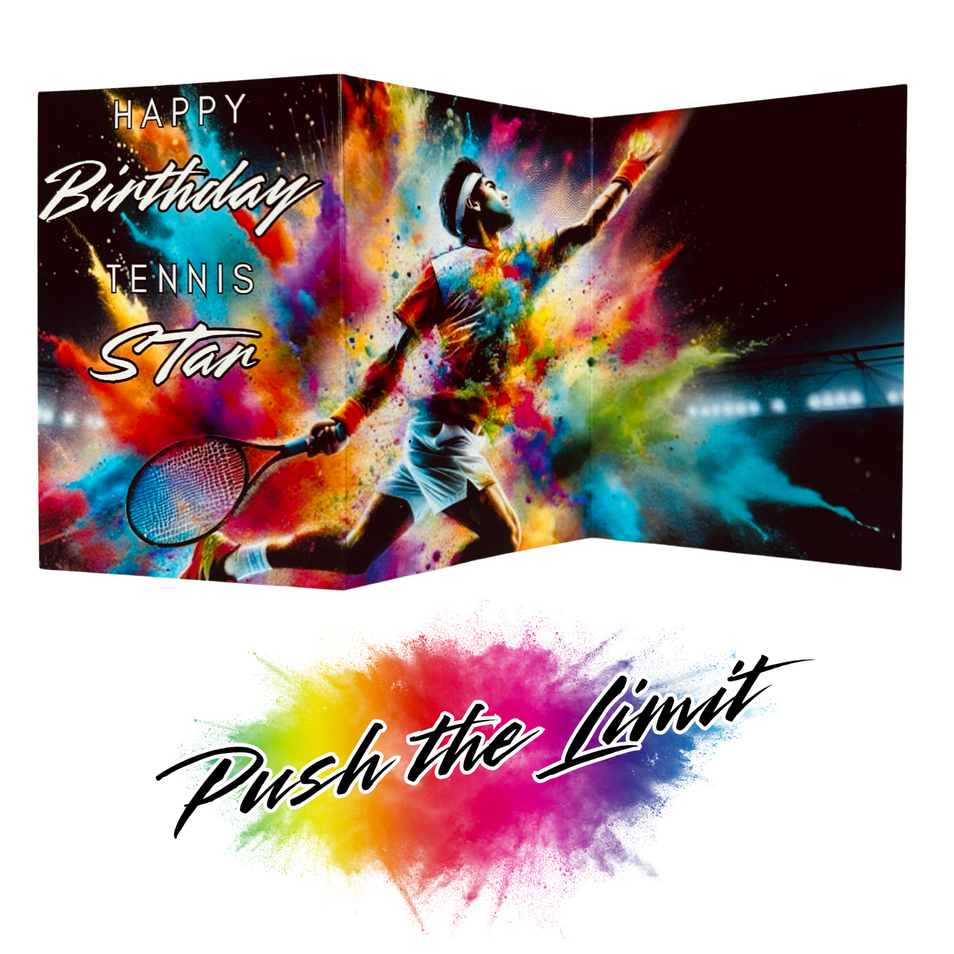 Main product image shows all three leaves of the trifold birthday card for Male Tennis. Card shows a male tennis player who has just thrown up the ball and is poised for an ace serve, all on a black background with an explosion of colourful paint splatters emerging from behind him. The caption on the card reads 'Happy Birthday Tennis Star'. Beneath this is the Push the Limit logo with the words displayed on a multicoloured paint splatter.