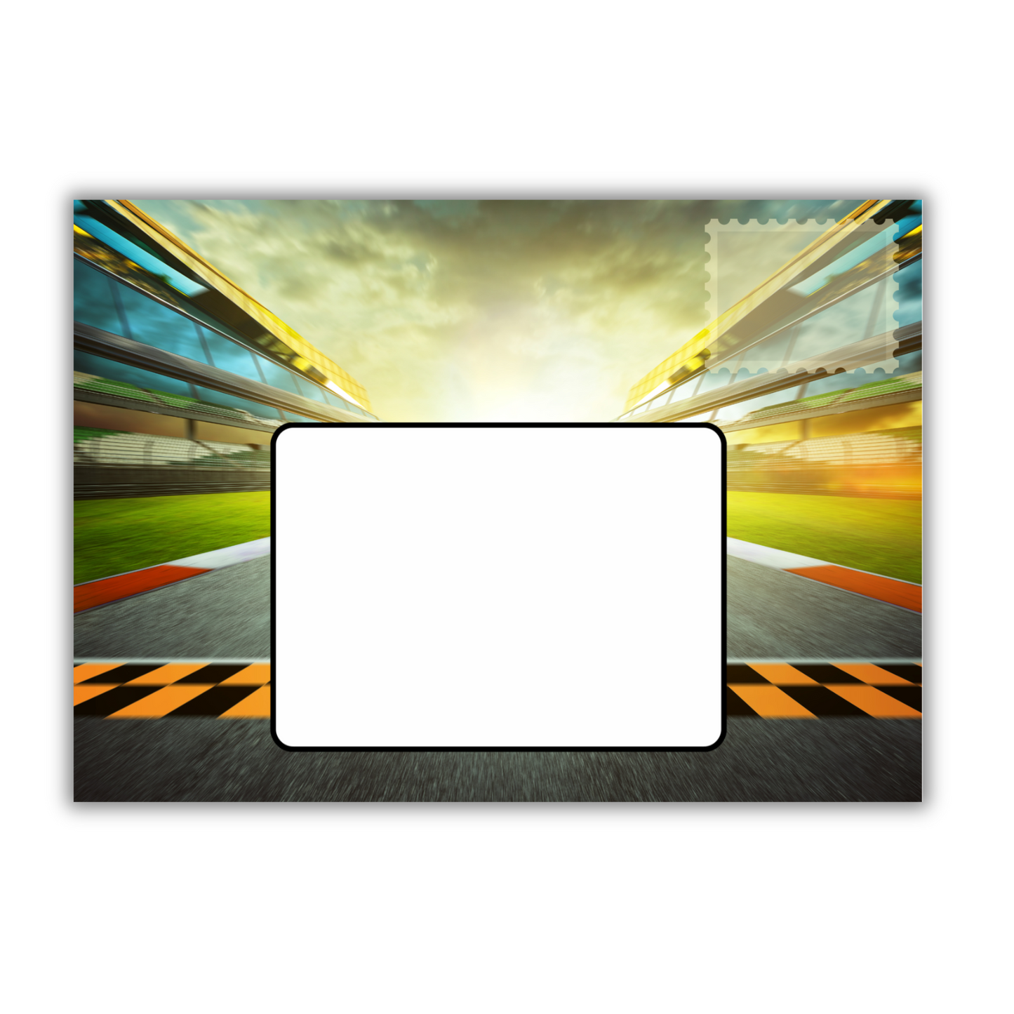 Trifold Racing Birthday Card from the Push the Limit Range. Image shows the front posting cover with a racing track. It has a place to write the name and/or address of the recipient and an image to show where to put a stamp if needed.