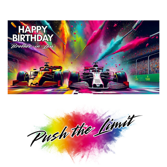 Colorful birthday card with racing cars and 'Happy Birthday Brother-in-Law' text.