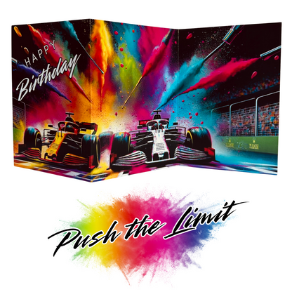 Trifold Racing Cars Birthday Card from the Push the Limit Range. Image shows two Formula One racing cars speeding to cross the finish line with colouful paint splatters emerging from the edges of the card and caption reads 'Happy Birthday'.