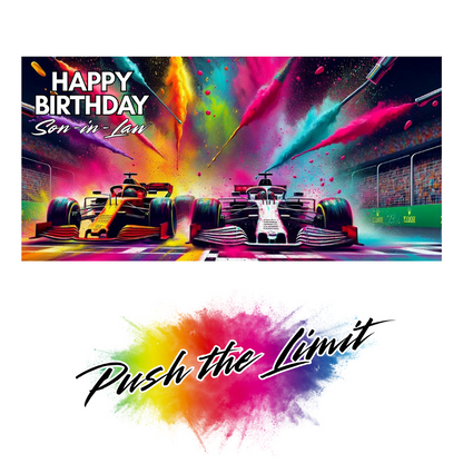 Colorful birthday card with racing cars and 'Happy Birthday Son-in-Law' text.