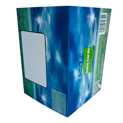 Trifold Racing Stadium Birthday Card from the Push the Limit Range. Image shows the two posting covers. The front posting cover to the left shows an image of a racing stadium and has place to write the name and address of the recipient and an image to show where to put a stamp if needed. The back posting cover also shows the same image  and has the Bare Cards logo and tagline 'Naked and Free'. It also contains the barcode, website address, QR code for instructions, Patent Number and Retail Codes