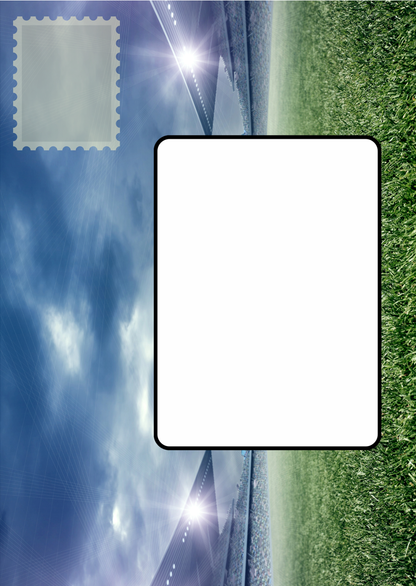 Image shows the front posting cover for the Bare Cards Push the Limit Tri-fold Racing Stadium Birthday Cards. There is a clear white rectangle for the purchaser to write the name or address of the recipient and an image to affix the stamp to. This is on a full colour image of a racing stadium.