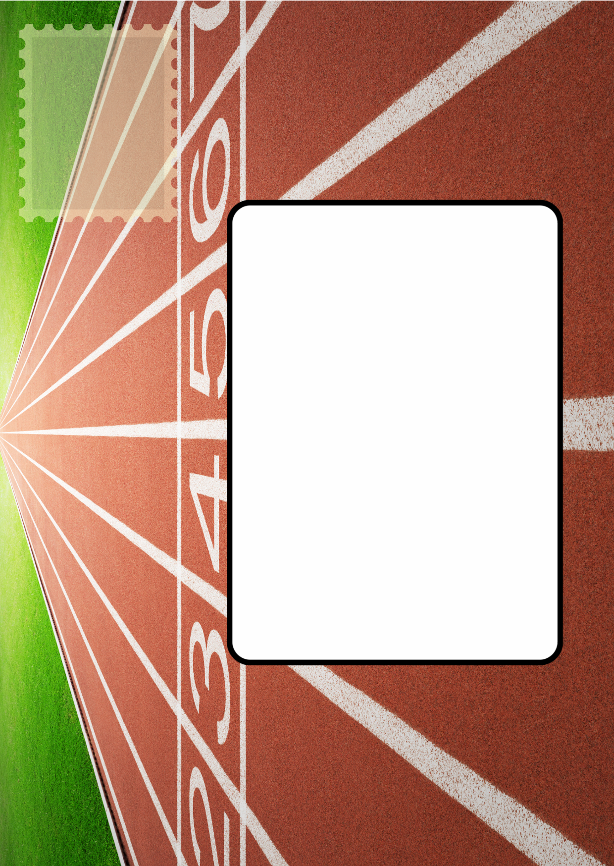 Image shows the front posting cover for the Bare Cards Push the Limit Tri-fold Athletics Birthday Cards. There is a clear white rectangle for the purchaser to write the name or address of the recipient and an image to affix the stamp to. This is on a full colour image of a running track 