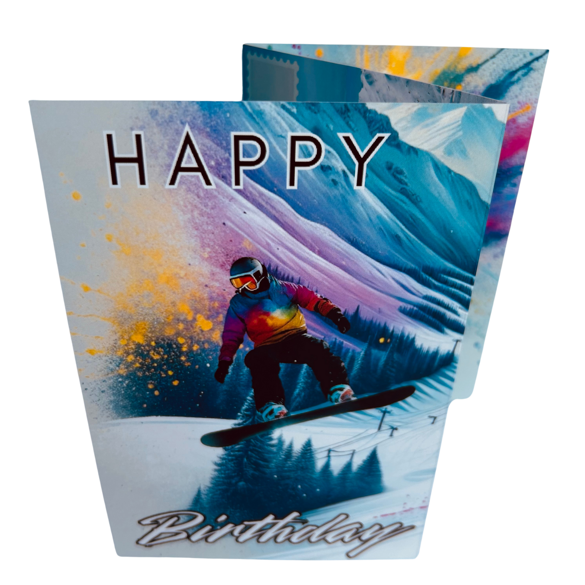 Trifold Snowboarding Birthday Card from the Push the Limit Range. Image shows the folded card depicting front with snowboarder jumping and a background of colouful paint splatters and mountain snow, trees and ski lift. The caption reads 'Happy Birthday'.