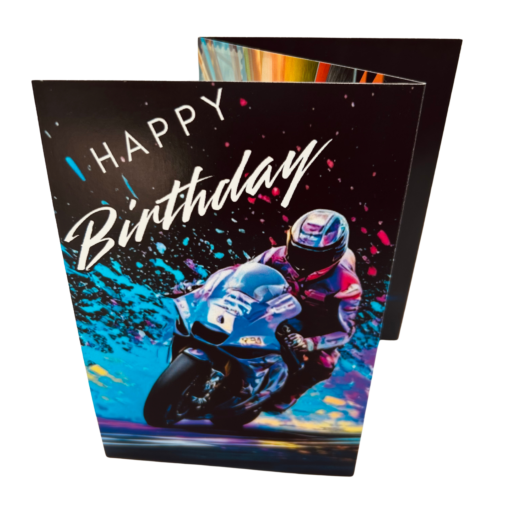 Trifold Superbikes Birthday Card from the Push the Limit Range. Image shows the folded card depicting front with superbike racer speeding across the track and a background of black with colouful paint splatters emerging from behind them. The caption reads 'Happy Birthday'.