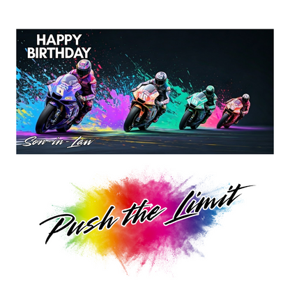 Birthday card with motorcyclists and colorful splashes, featuring the text 'Happy Birthday' and 'Push the Limit'.