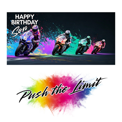 Birthday card with motorcyclists racing on a colorful background and 'Happy Birthday Son' text.
