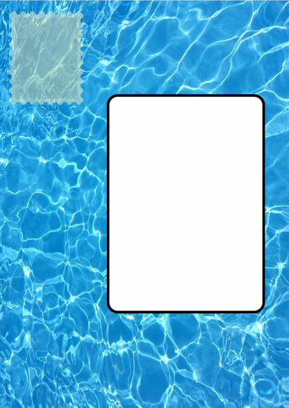 Image shows the front posting cover for the Bare Cards Push the Limit Tri-fold Swimming Birthday Cards. There is a clear white rectangle for the purchaser to write the name or address of the recipient and an image to affix the stamp to. This is on a full colour image of swimming pool water.
