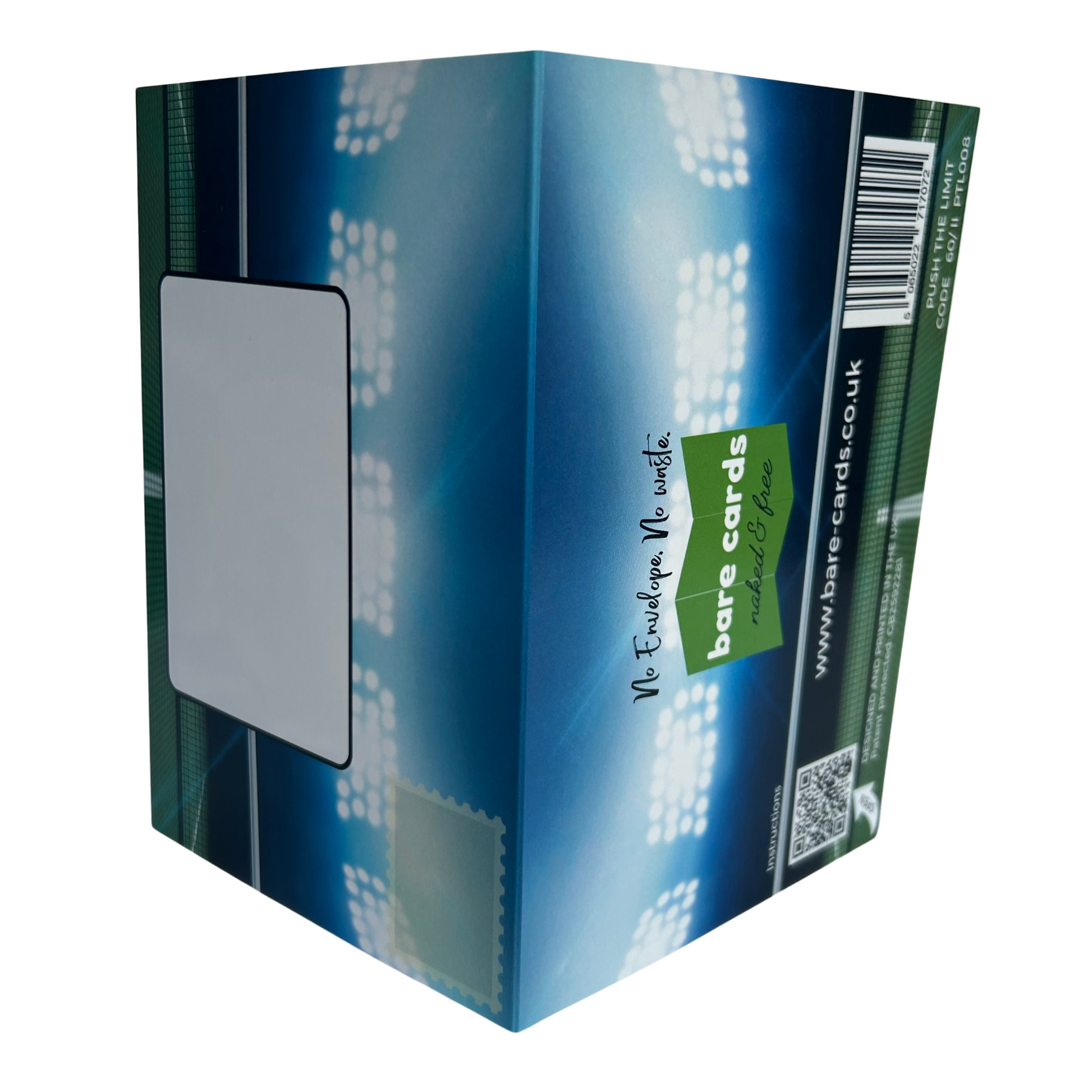Trifold Tennis Birthday Card from the Push the Limit Range. Image shows the two posting covers. The front posting cover to the left shows an image of a tennis court and has place to write the name and address of the recipient and an image to show where to put a stamp if needed. The back posting cover also shows the same image  and has the Bare Cards logo and tagline 'Naked and Free'. It also contains the barcode, website address, QR code for instructions, Patent Number and Retail Codes