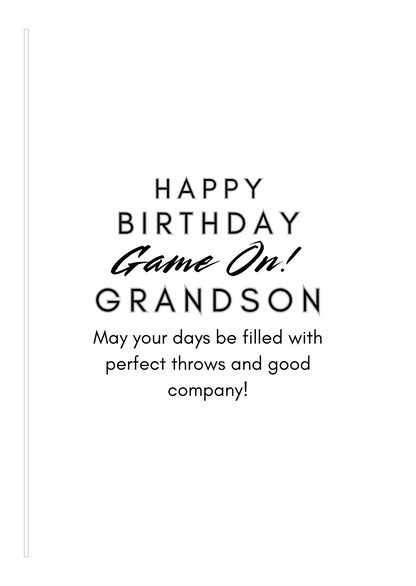 Bare Cards Darts Birthday card Insert Verse with the text "Happy Birthday. Game ON! Grandson. May your days be filled with perfect throws and good company!" on a white background 