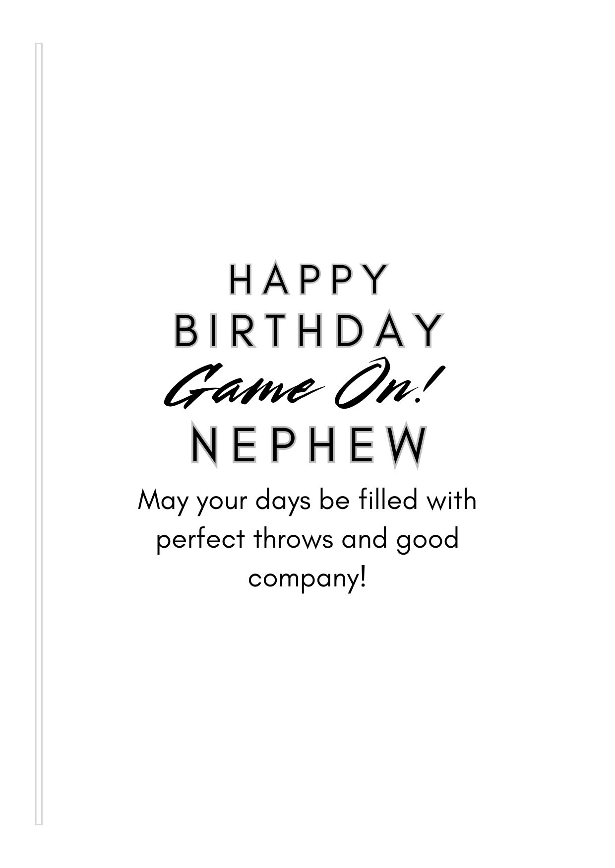 Bare Cards Darts Birthday card Insert Verse with the text "Happy Birthday. Game ON! Nephew. May your days be filled with perfect throws and good company!" on a white background 
