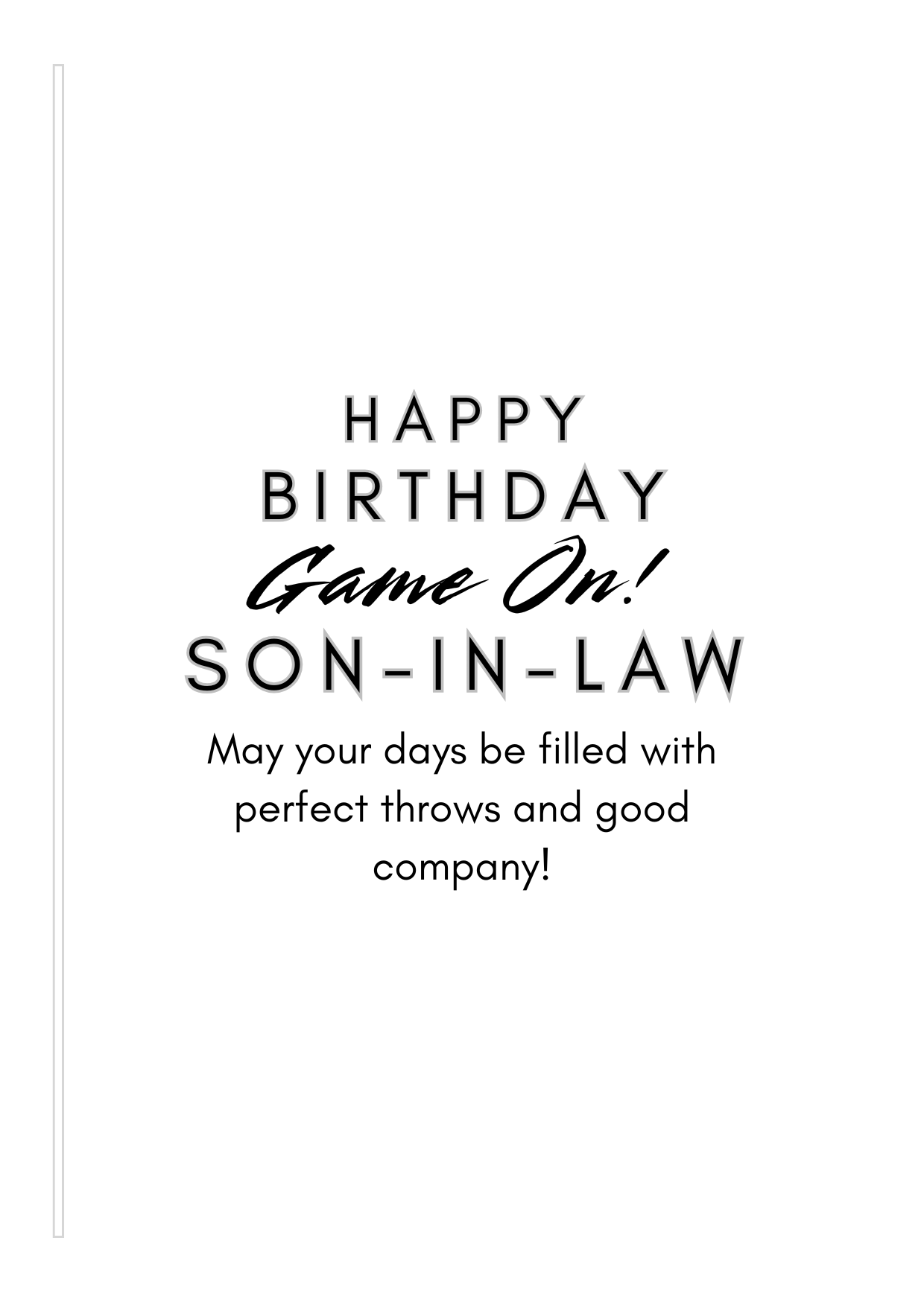 Bare Cards Darts Birthday card Insert Verse with the text "Happy Birthday. Game ON! Son-in-Law. May your days be filled with perfect throws and good company!" on a white background 