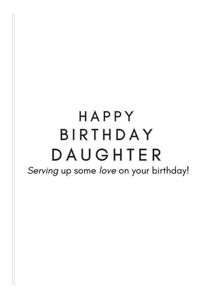 Bare Cards Female Tennis Birthday card Insert Verse with the text "Happy Birthday Daughter. Serving up some love on your birthday!" on a white background 