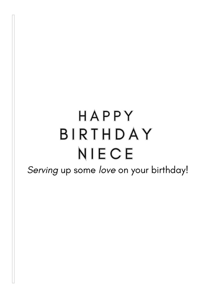 Bare Cards Female Tennis Birthday card Insert Verse with the text "Happy Birthday Niece Serving up some love on your birthday!" on a white background