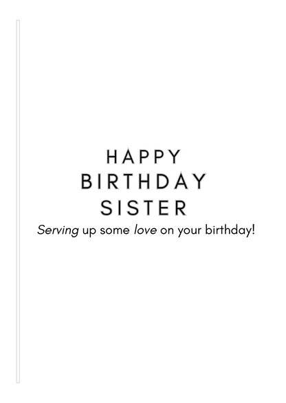 Bare Cards Female Tennis Birthday card Insert Verse with the text "Happy Birthday Sister. Serving up some love on your birthday!" on a white background 