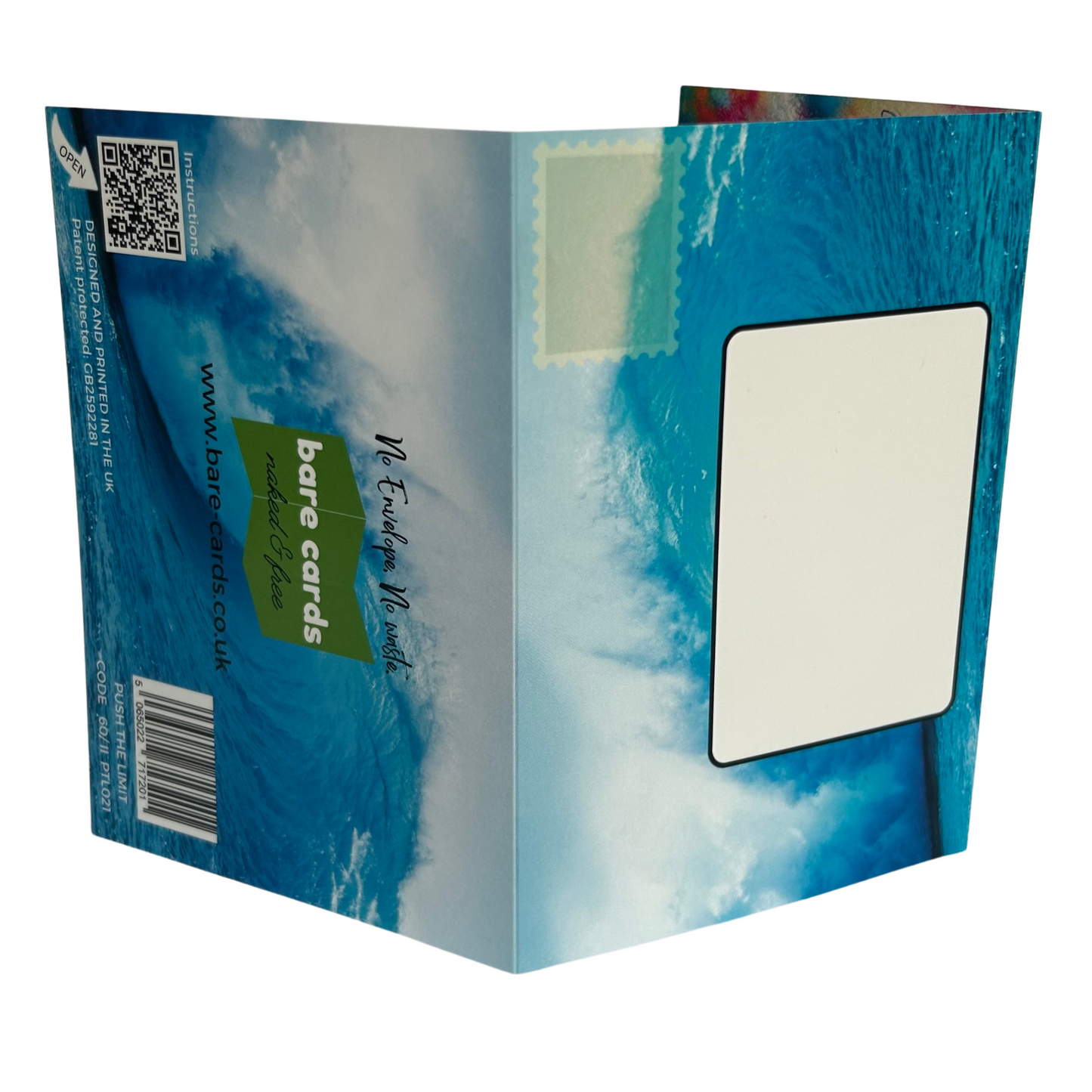 Trifold Water Sports Birthday Card from the Push the Limit Range. Image shows the two posting covers. The front posting cover to the left shows an image of a large sea wave and has place to write the name and address of the recipient and an image to show where to put a stamp if needed. The back posting cover also shows the same image  and has the Bare Cards logo and tagline 'Naked and Free'. It also contains the barcode, website address, QR code for instructions, Patent Number and Retail Codes.
