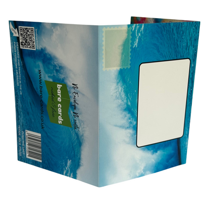 Trifold Water Sports Birthday Card from the Push the Limit Range. Image shows the two posting covers. The front posting cover to the left shows an image of a large sea wave and has place to write the name and address of the recipient and an image to show where to put a stamp if needed. The back posting cover also shows the same image  and has the Bare Cards logo and tagline 'Naked and Free'. It also contains the barcode, website address, QR code for instructions, Patent Number and Retail Codes.