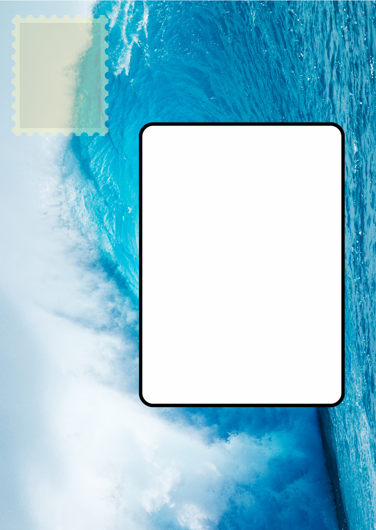 Image shows the front posting cover for the Bare Cards Push the Limit Tri-fold Water Sports Birthday Cards. There is a clear white rectangle for the purchaser to write the name or address of the recipient and an image to affix the stamp to. This is on a full colour image of a large sea wave. 