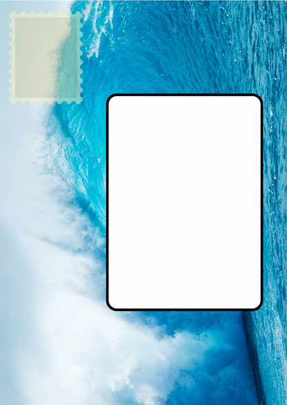 Image shows the front posting cover for the Bare Cards Push the Limit Tri-fold Water Sports Birthday Cards. There is a clear white rectangle for the purchaser to write the name or address of the recipient and an image to affix the stamp to. This is on a full colour image of a large sea wave. 