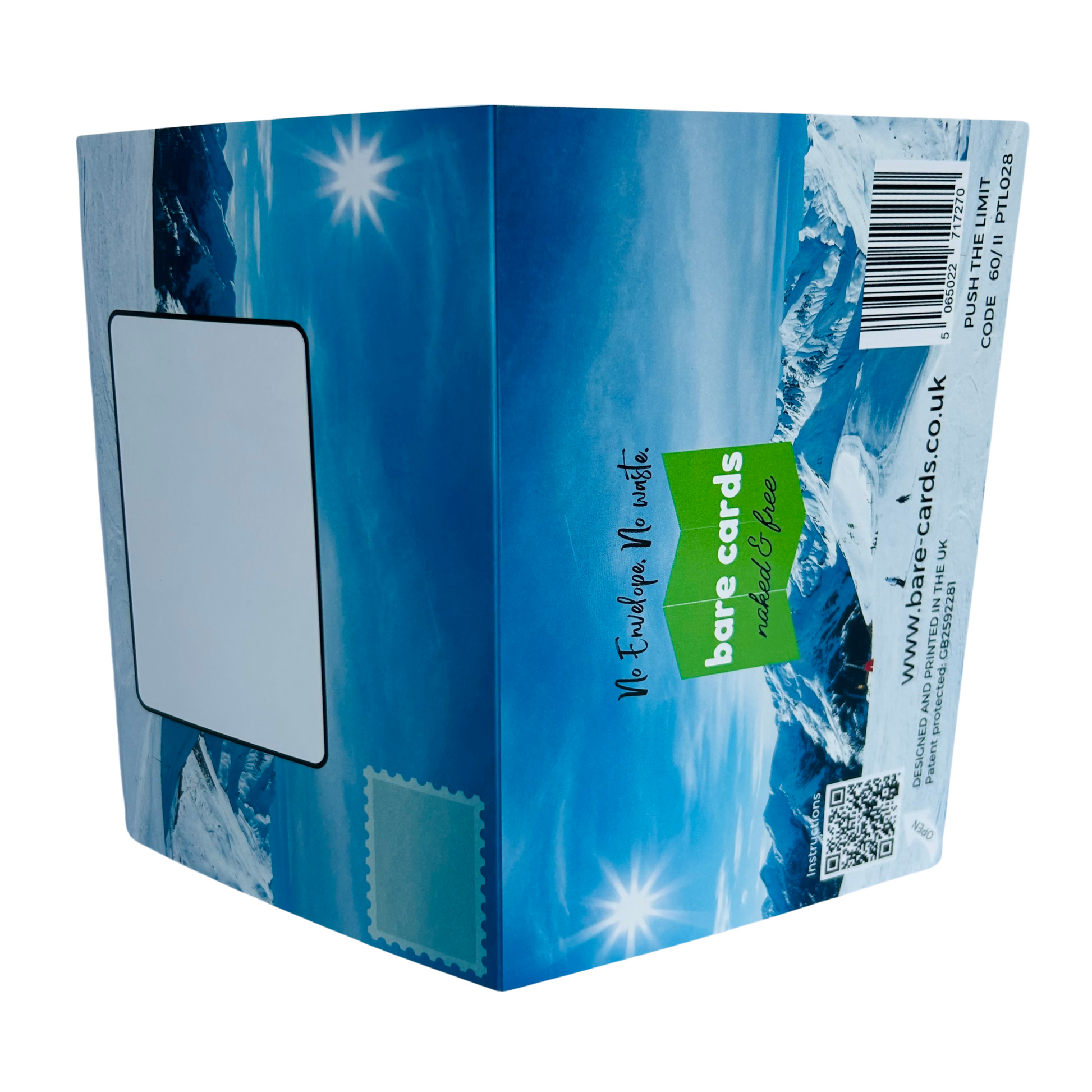 Trifold Winter Sports Birthday Card from the Push the Limit Range. Image shows the two posting covers. The front posting cover to the left shows an image of a snowy ski mountain scene and has place to write the name and address of the recipient and an image to show where to put a stamp if needed. The back posting cover also shows the same image  and has the Bare Cards logo and tagline 'Naked and Free'. It also contains the barcode, website address, QR code for instructions, Patent Number and Retail Codes