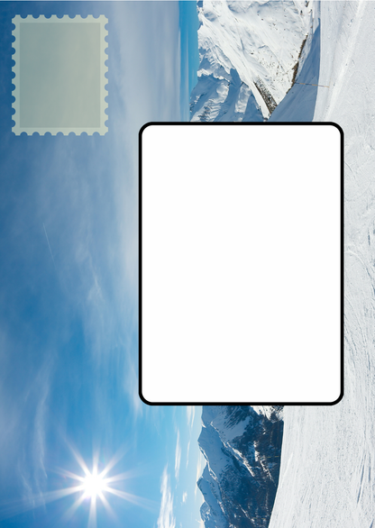 Image shows the front posting cover for the Bare Cards Push the Limit Tri-fold Winter Sports Birthday Cards. There is a clear white rectangle for the purchaser to write the name or address of the recipient and an image to affix the stamp to. This is on a full colour image of a mountainous ski scene.