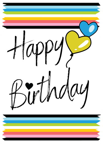 Front of Queer Happy Birthday Card with 'Happy birthday' text and colorful balloons and stripes on a white background