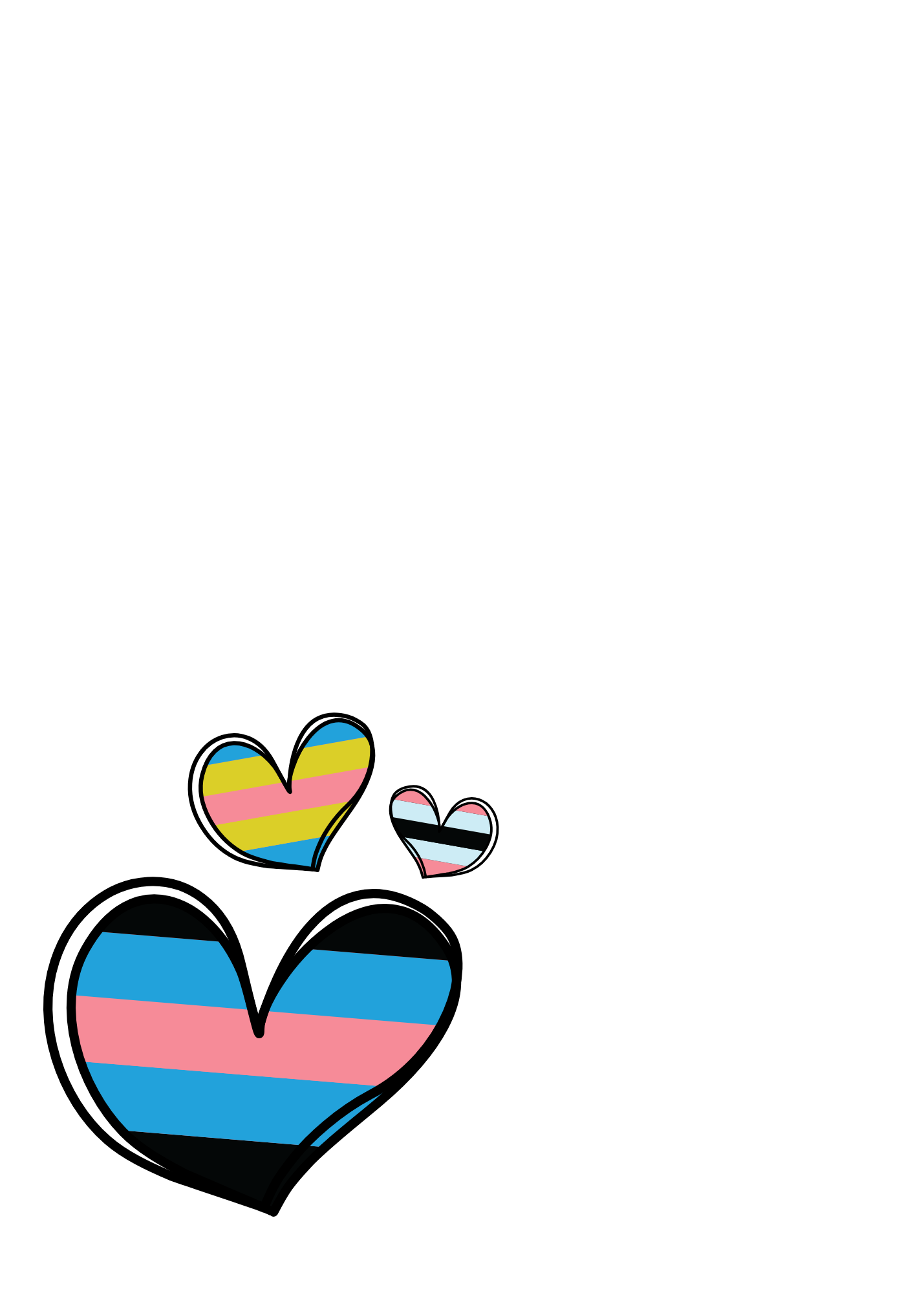 Three heart-shaped symbols with different color patterns on a white background