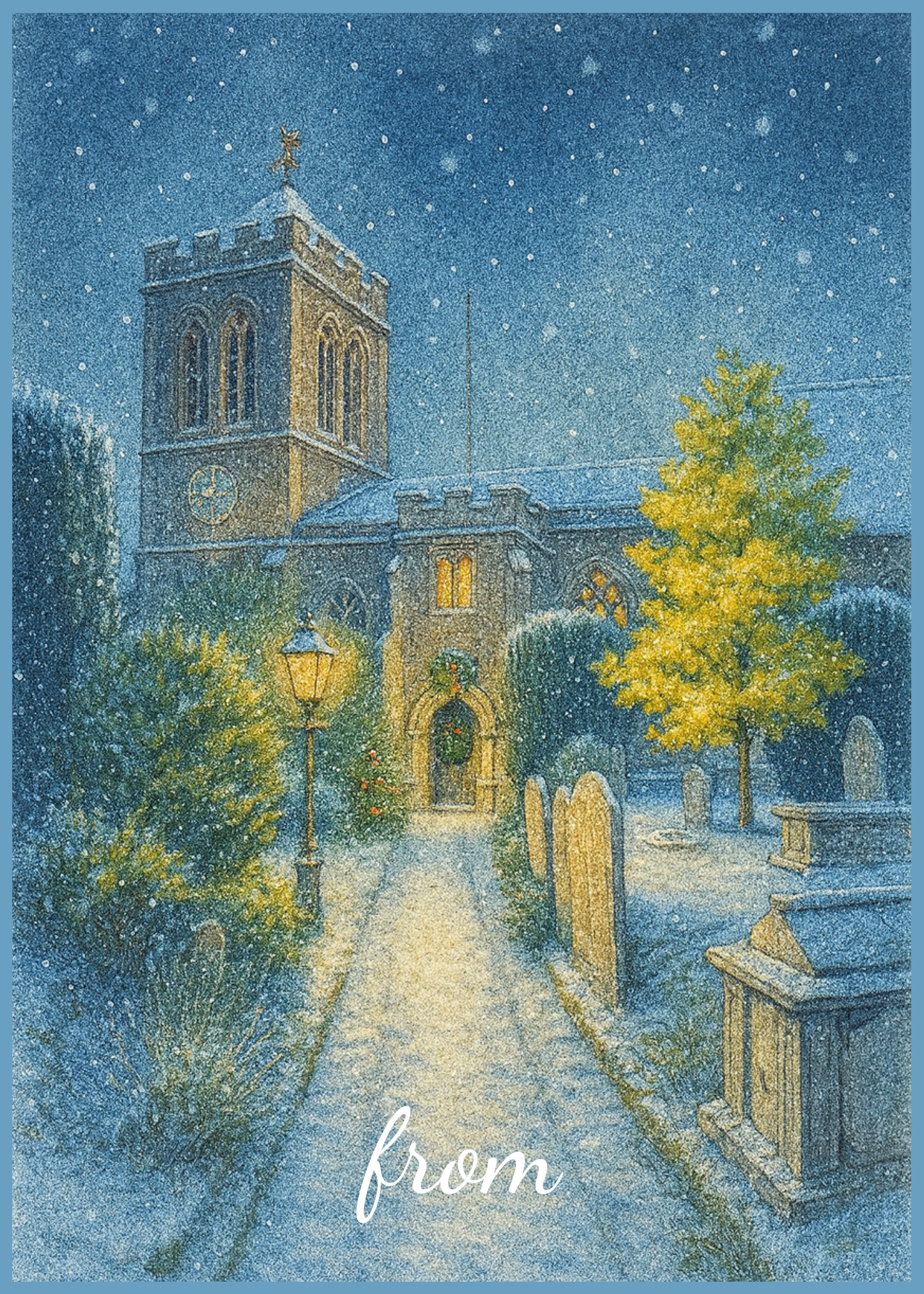 Royal Wootton Bassett St Bartholomew's Church at night in the snow watercolour