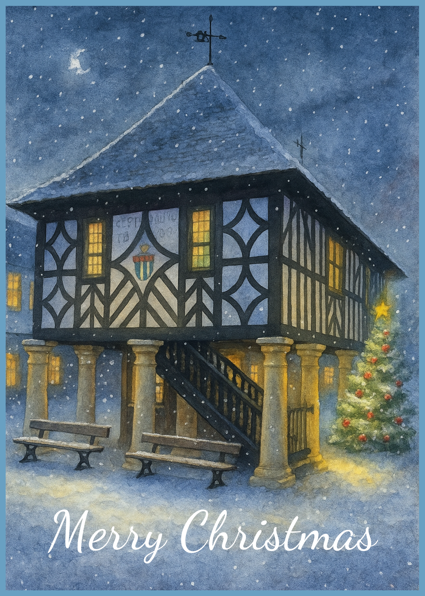 Royal Wootton Bassett Town Hall in the snow watercolour at night