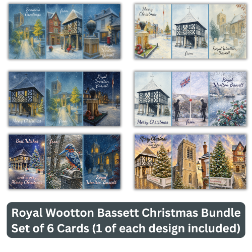 Six Christmas greeting cards shown in a 3x2 grid with a dark gray banner reading 'Royal Wootton Bassett Christmas Bundle Set of 6 Cards (1 of each design included)'. The cards feature winter village scenes, church towers, snowy streets, and festive text such as 'Merry Christmas' and 'Royal Wootton Bassett'.