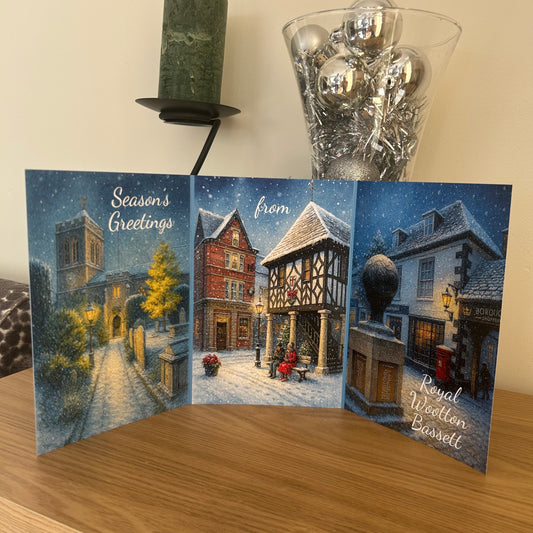 Photo of trifold christmas card displayed in home setting
