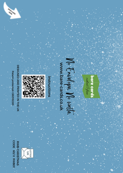 Back of Bare Cards built-in envelope with a QR code and branding on a blue background