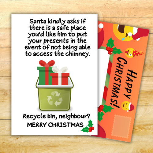 Image shows the front of the Santa Says Recycle Bin? Christmas Card and shows the fully-illustrated posting pages with red background and Christmas emojis behind