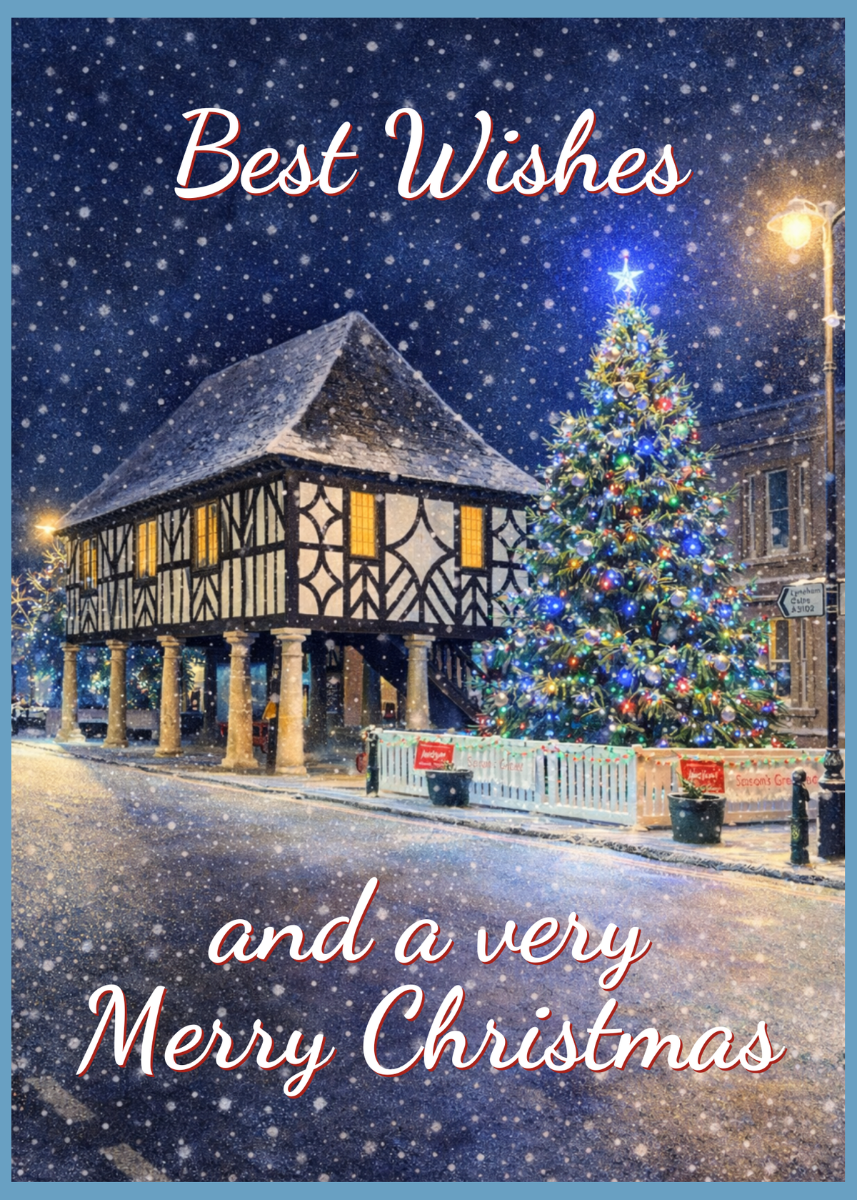 A festive Christmas greeting card design featuring a snowy night scene with a half-timbered building, a decorated Christmas tree, falling snow, and the text 'Best Wishes and a very Merry Christmas' in white script with red outlines.