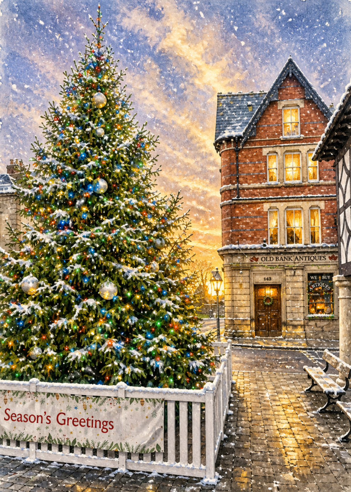 A snow-covered Christmas tree in Royal Wootton Bassett High Street with blue and gold ornaments stands beside a white fence reading “Season’s Greetings,” with the brick building of the Old Bank Antiques and cobblestone walkway in the background under a snowy sky. 