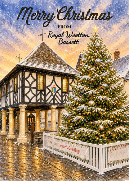 A festive Christmas greeting cardfeaturing a snowy town square with a large decorated tree, a half-timbered building, and the text 'Merry Christmas from Royal Wooten Bassett' at the top.