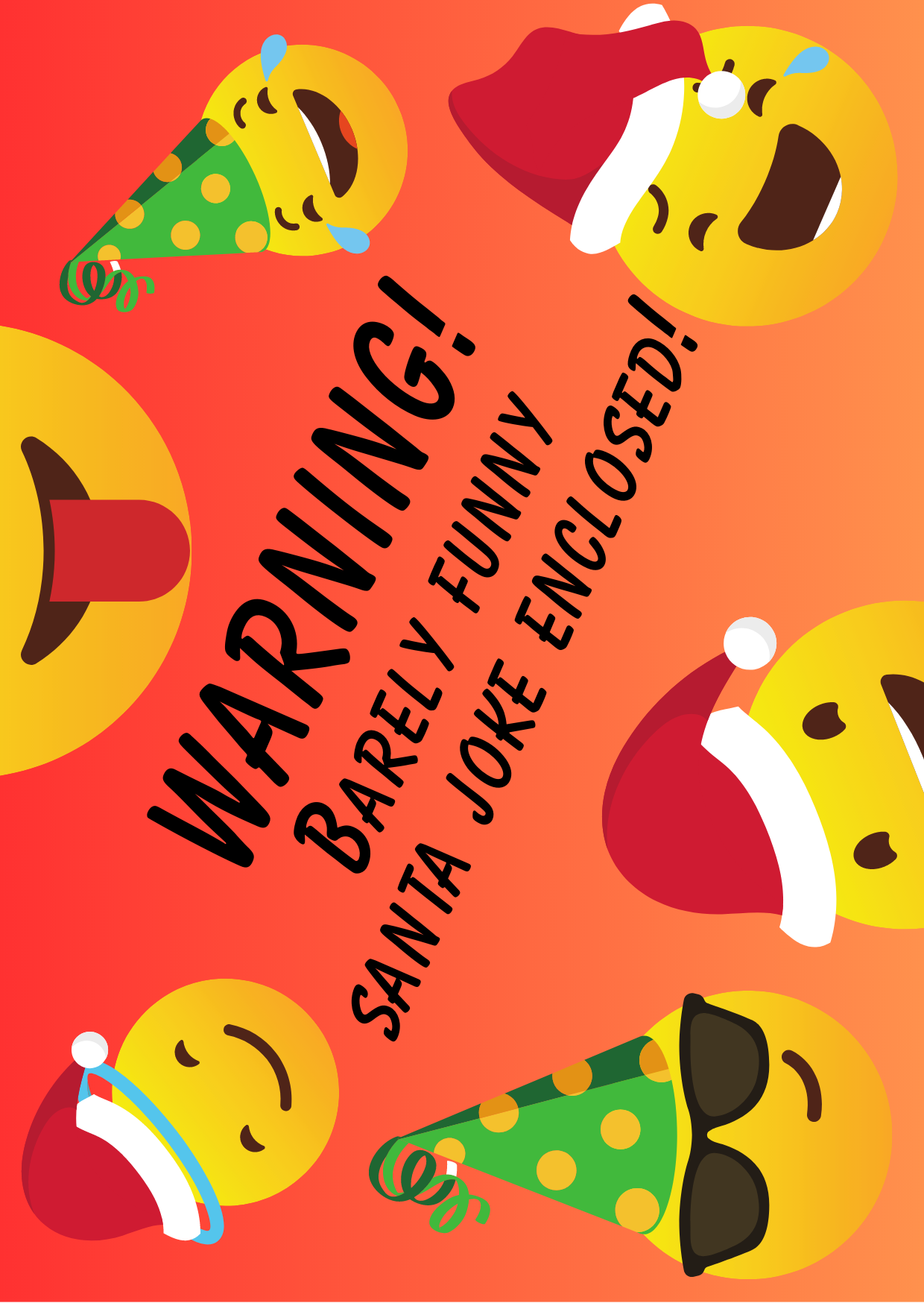 Back of Santa Says Christmas Posting Pages featuring red background and Christmas Emojis with the words WARNING! Barely Funny Santa Joke Enclosed!