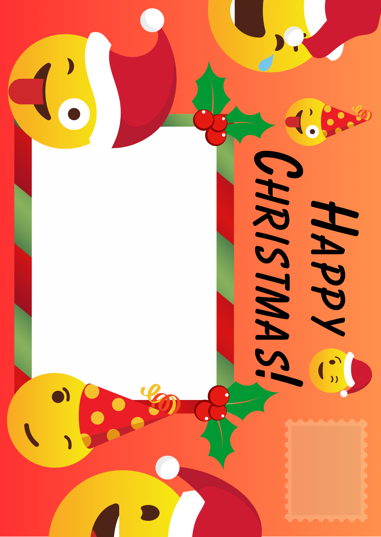 Front of Santa Says Christmas Posting Pages featuring red background and Christmas Emojis with the words Happy Christmas and space to write address and fix stamp