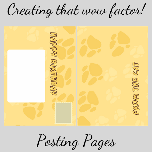Image shows the self-seal posting pages for the Bare Cards 'From the Cat'  range in yellow with paw prints and the words 'Happy Birthday from the Cat'. The image is on a grey background with the text 'Creating that WOW factor! Posting Pages'.
