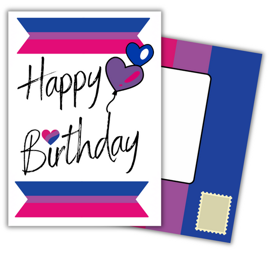 Self-seal Bisexual Happy Birthday card with Bisexual Pride Flag Balloons and ribbons design on a white background. Image shows built-in envelope featuring Bisexual Pride Flag.