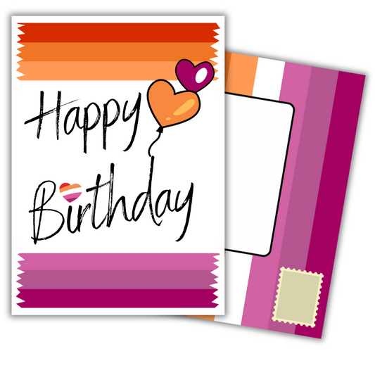 Lesbian Birthday card with colorful design and heart-shaped balloon on a white background