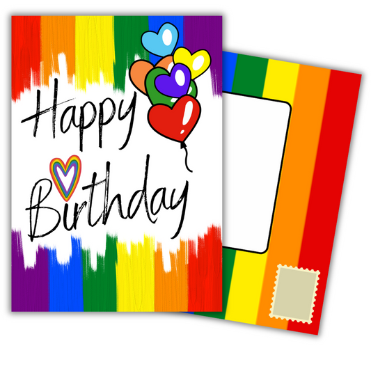 Self-Seal Trifold Colorful birthday card with rainbow stripes, hearts, and balloons on a white background featuring built in rainbow envelope