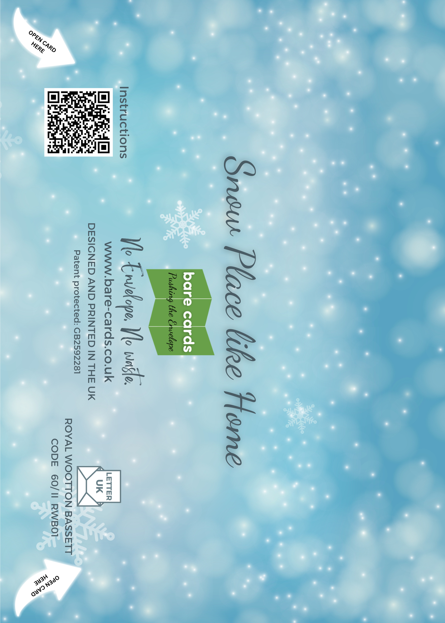 Image shows the back of the Bare Cards Christmas posting panel featuring a QR code, instructions, and the text 'Snow Place Like Home' with the Bare Cards Logo
