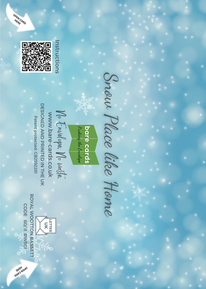 Image shows the back of the Bare Cards Christmas posting panel featuring a QR code, instructions, and the text 'Snow Place Like Home' with the Bare Cards Logo