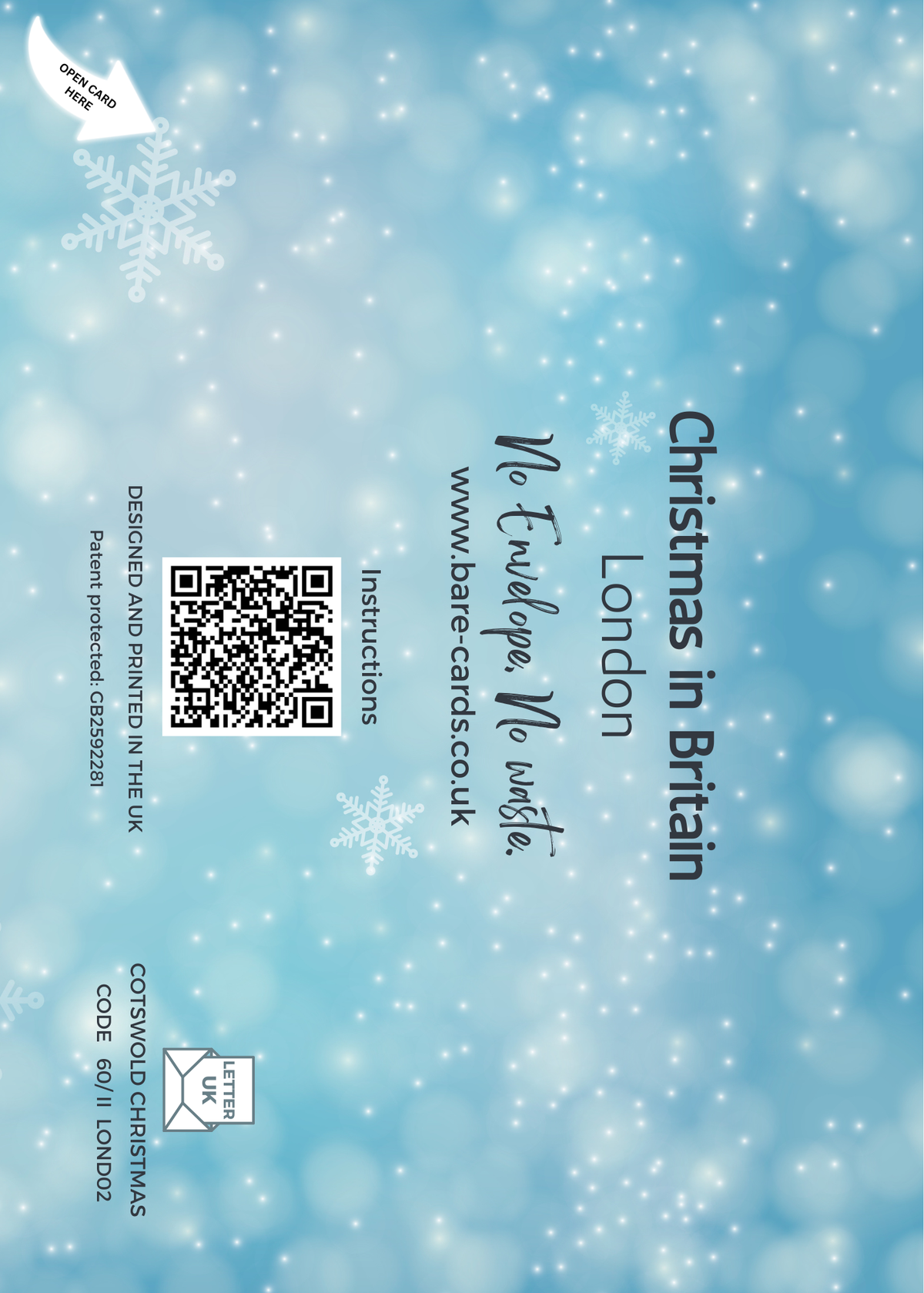 The back of the posting pages for the Bare Cards self-sealing London christmas cards with a light blue bokeh background, white snowflakes, and festive text reading 'Christmas in Britain' and 'London' alongside a QR code and website.
