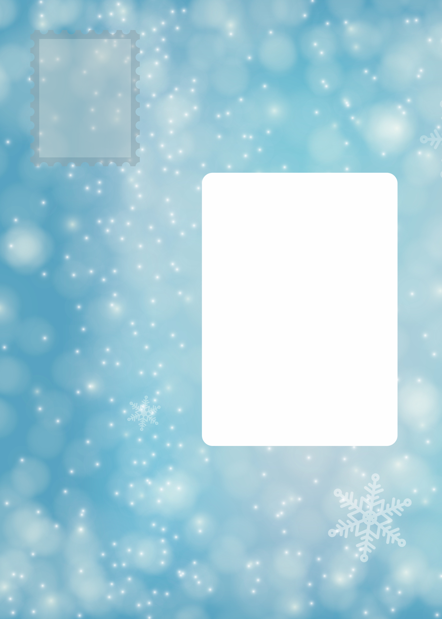 A digital template or placeholder graphic featuring a light blue background with white snowflakes, a small square stamp-like icon in the top-left, and a large blank white rounded rectangle in the center.