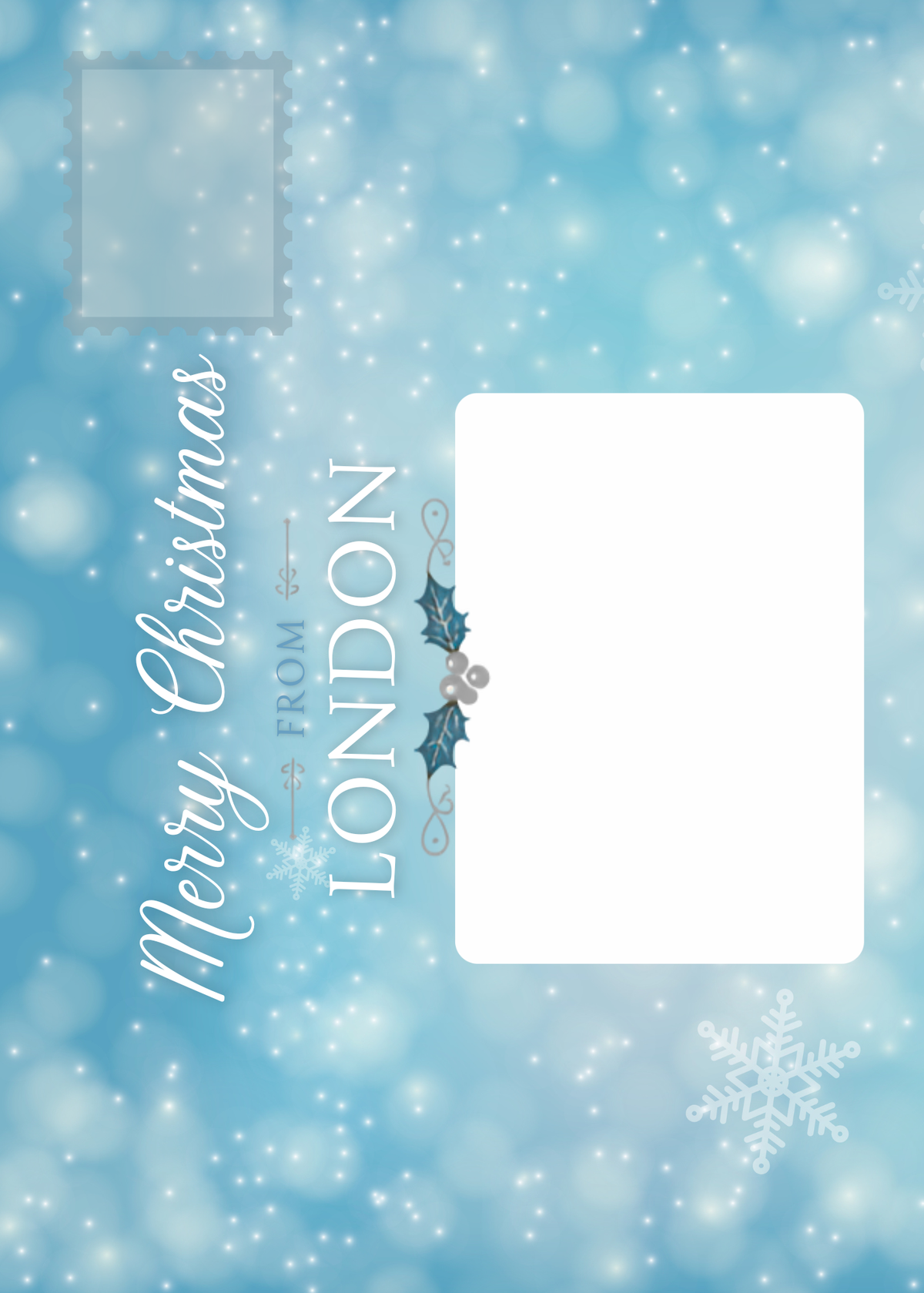 Bare cards festive Christmas greeting card envelope panel with a light blue background, white snowflakes, and the text 'Merry Christmas FROM LONDON' alongside a blank address label and a decorative holly accent.