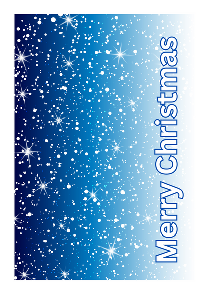 Back of Snowman Christmas Card posting pages featuring blue sparkly background and the words Merry Christmas in white with a blue outline
